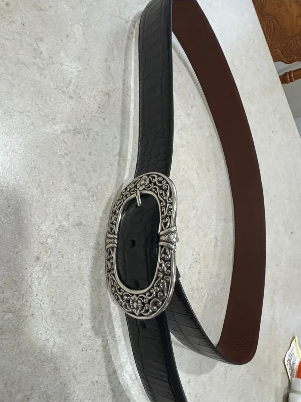 Brighton Black Croc-Embossed Leather Belt with Ornate Silver Buckle